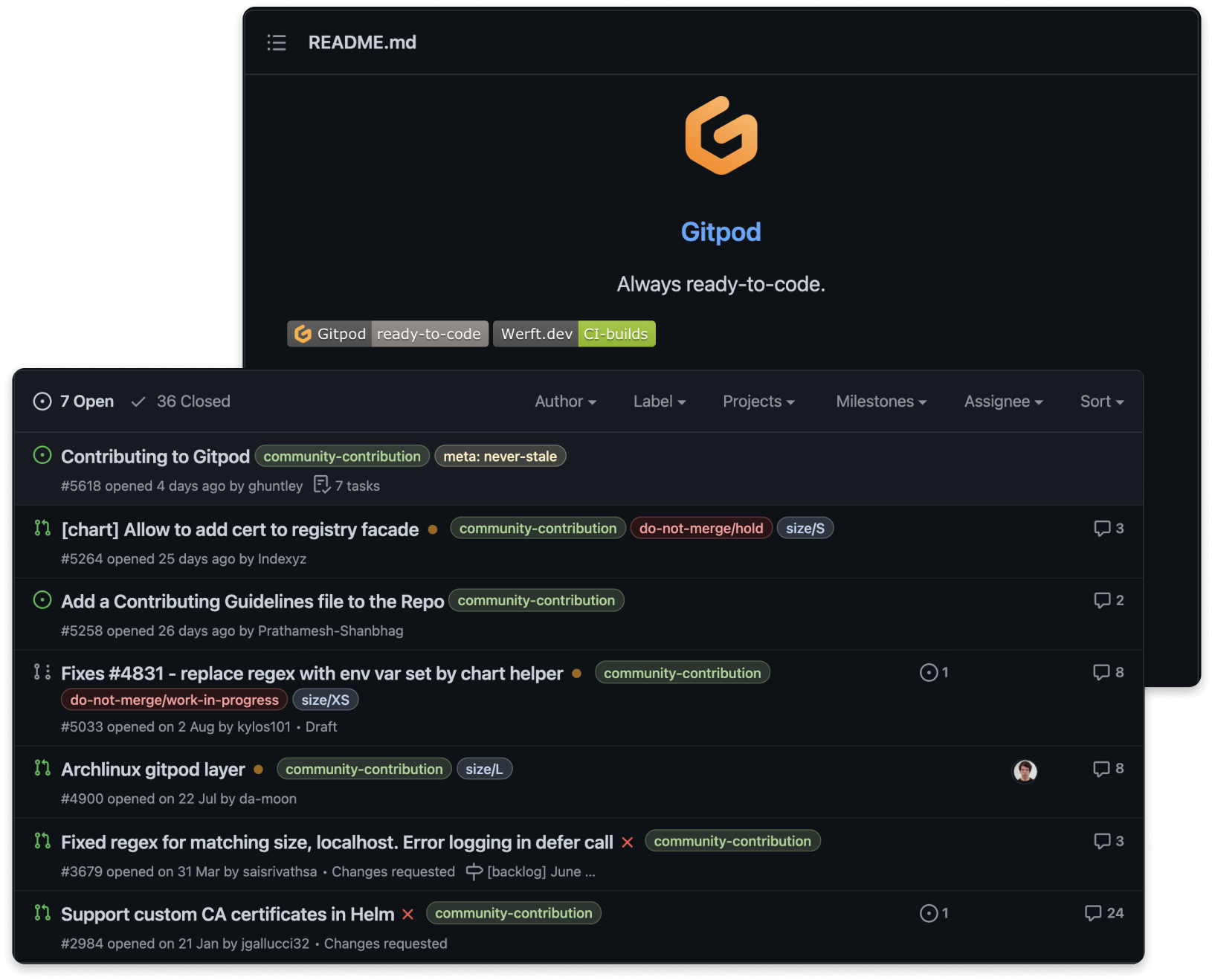 Gitpod's GitHub Repo README.md and the Open Issues