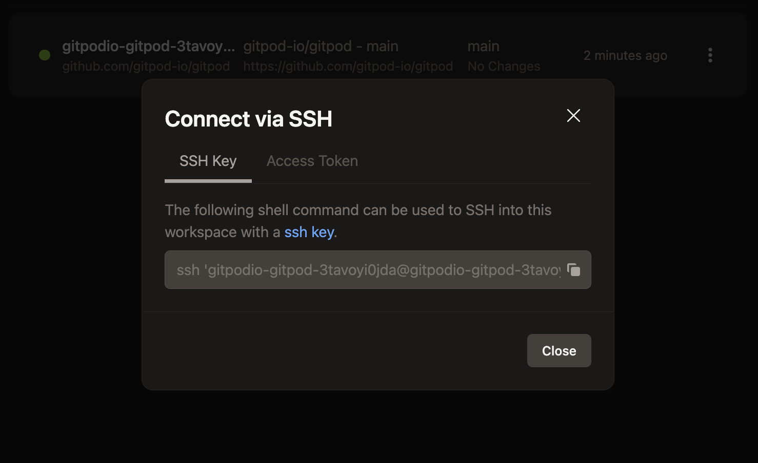 Copy SSH key from modal