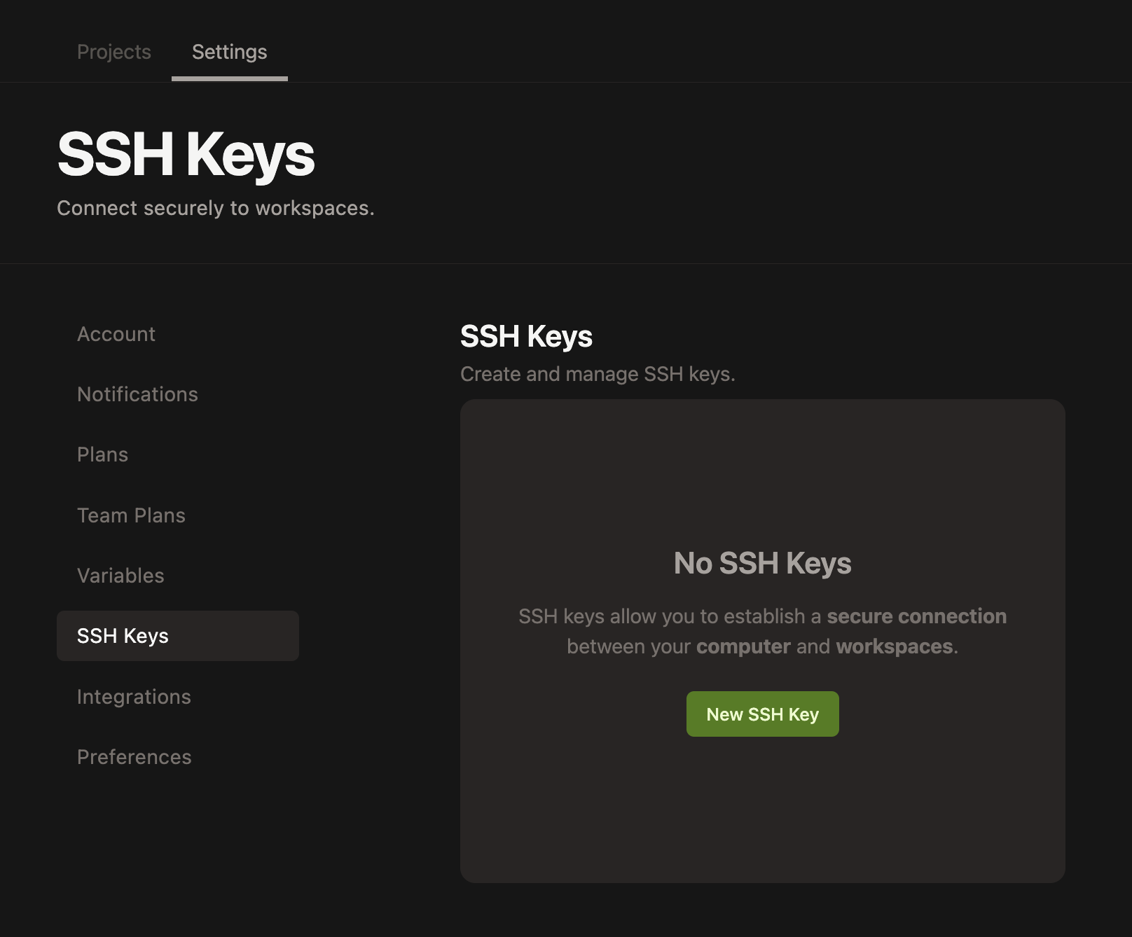 SSH page of the Gitpod dashboard