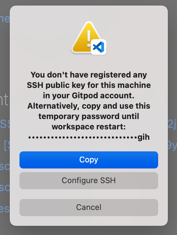 The VS Code Desktop prompt from Gitpod when opening a workspace with no SSH key found locally or uploaded to Gitpod