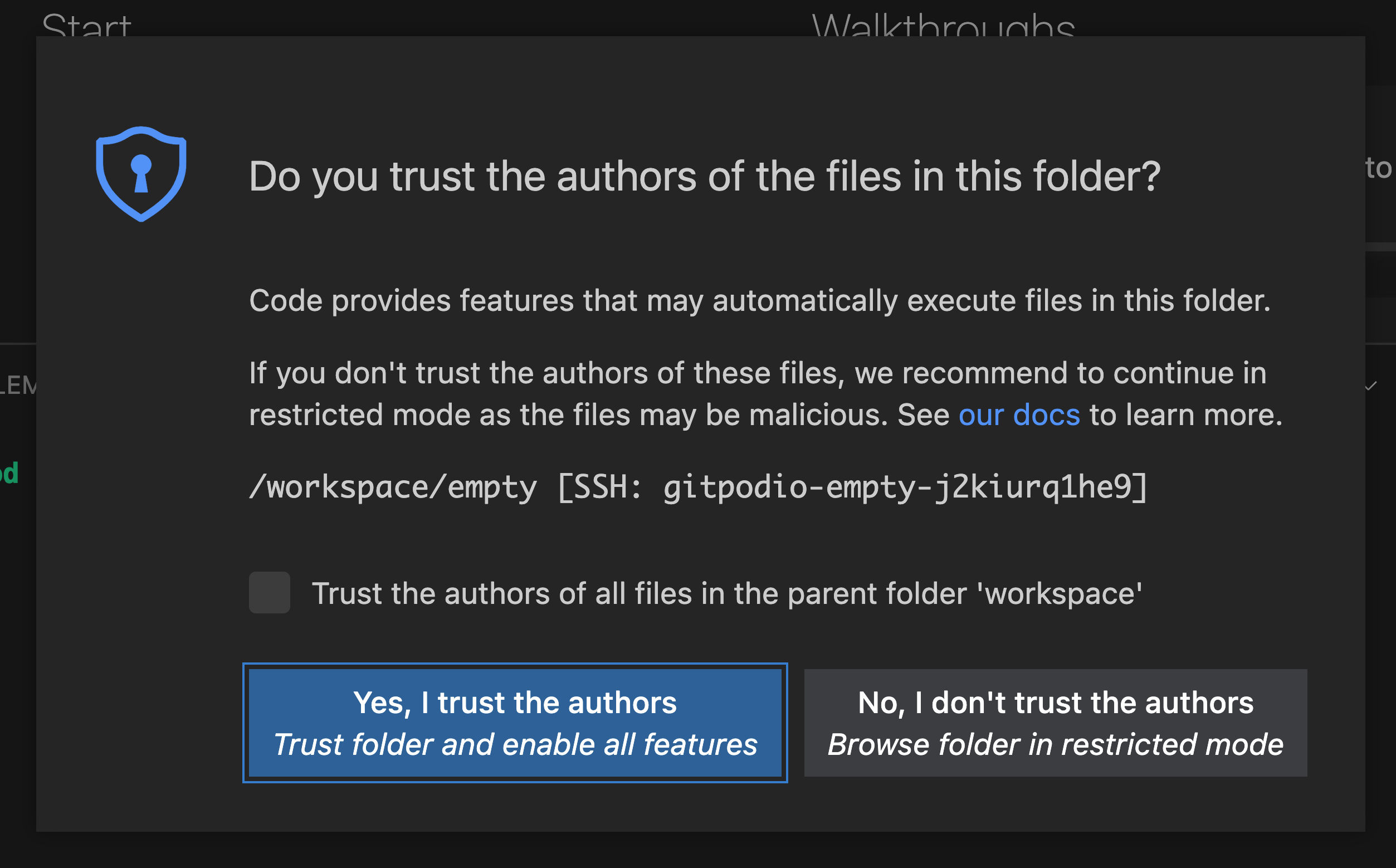 The VS Code Workspace Trust popup