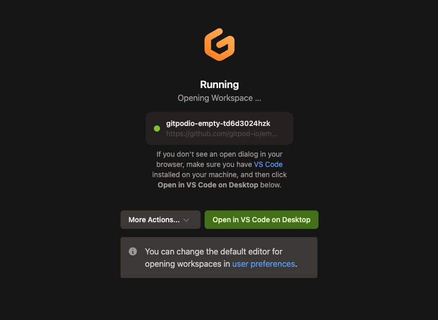 Open VS Code Desktop from the workspace start page