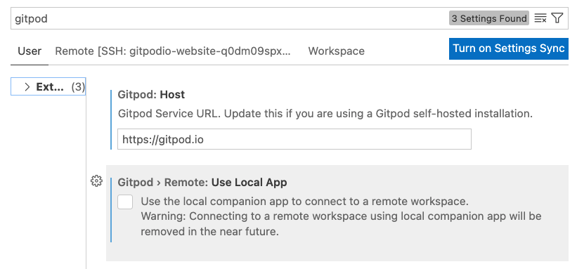 The VS Code Desktop Gitpod extension useLocalApp setting