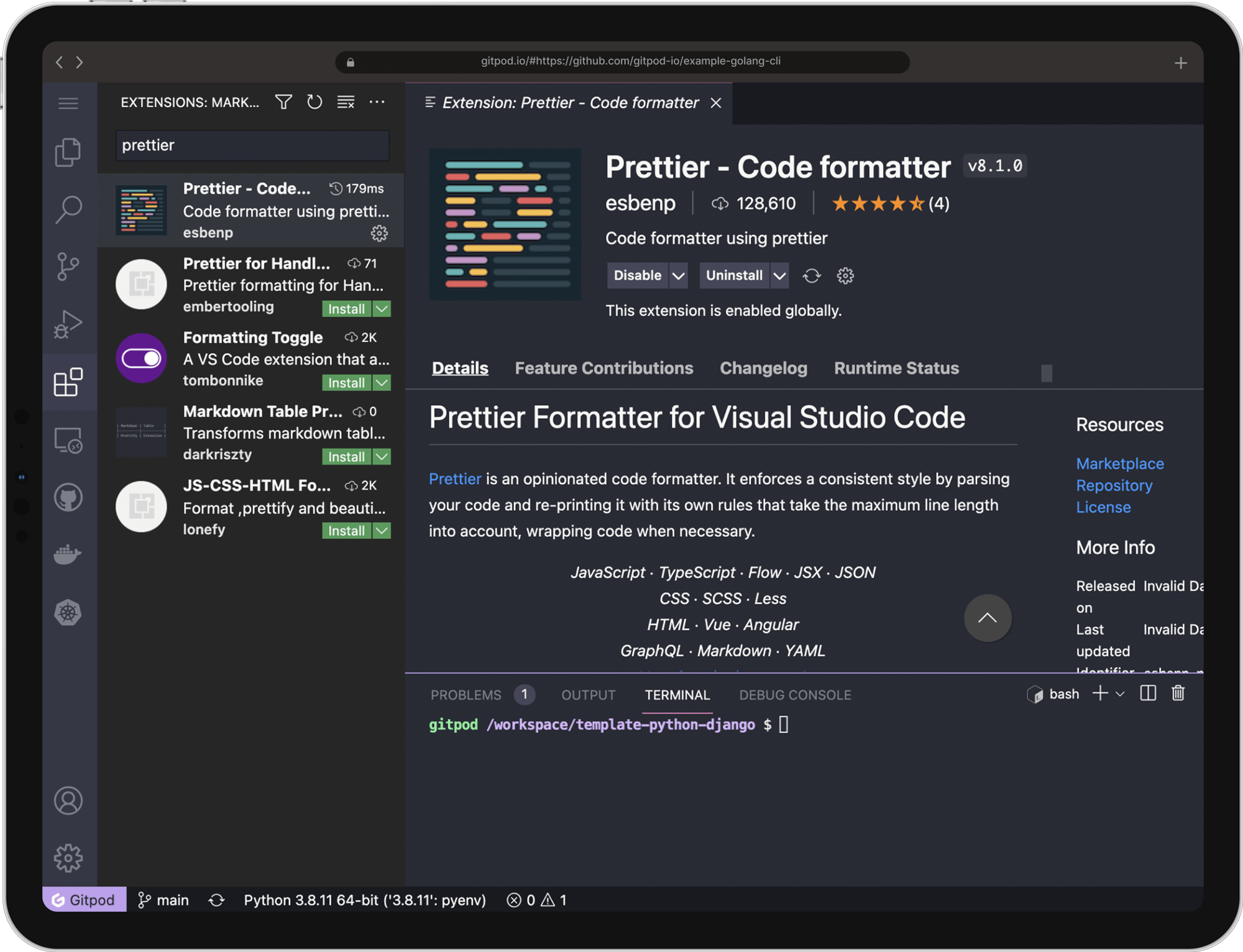 Gitpod Workspace on an iPad.