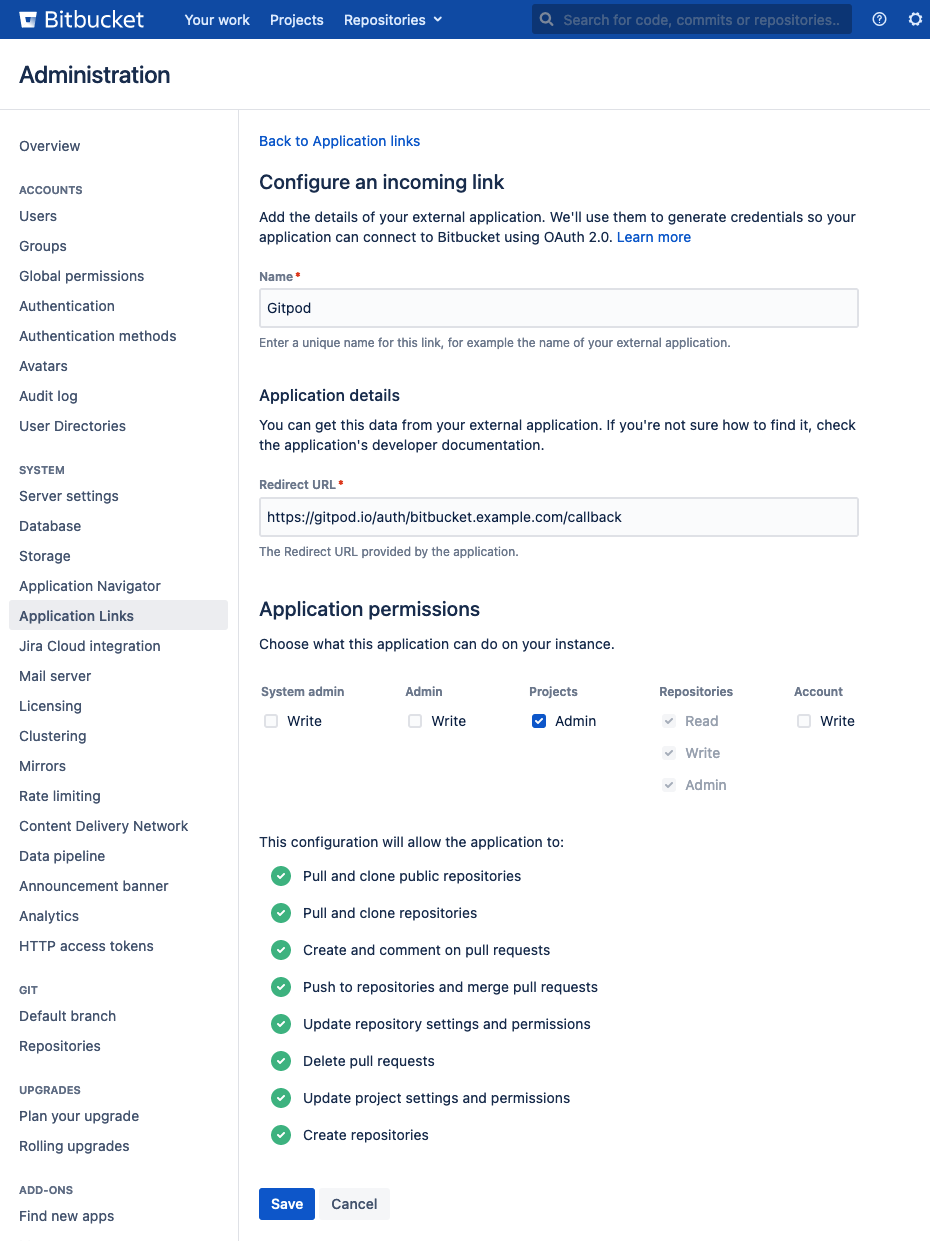Bitbucket Server configure OAuth2 application link