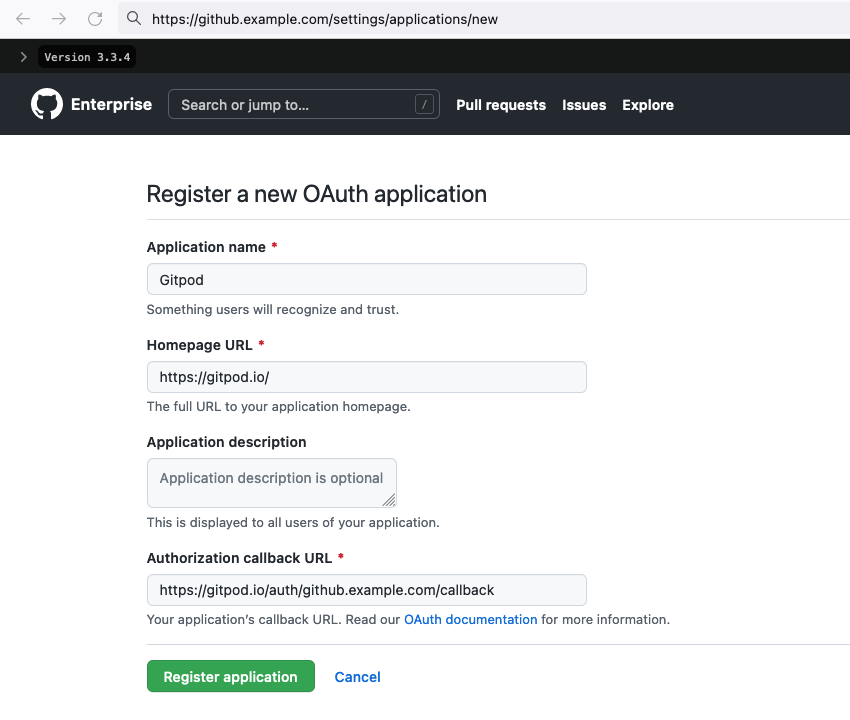 GitHub Enterprise register new OAuth application form