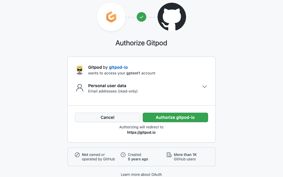GitHub prompt for Gitpod OAuth App permissions with user:email scope
